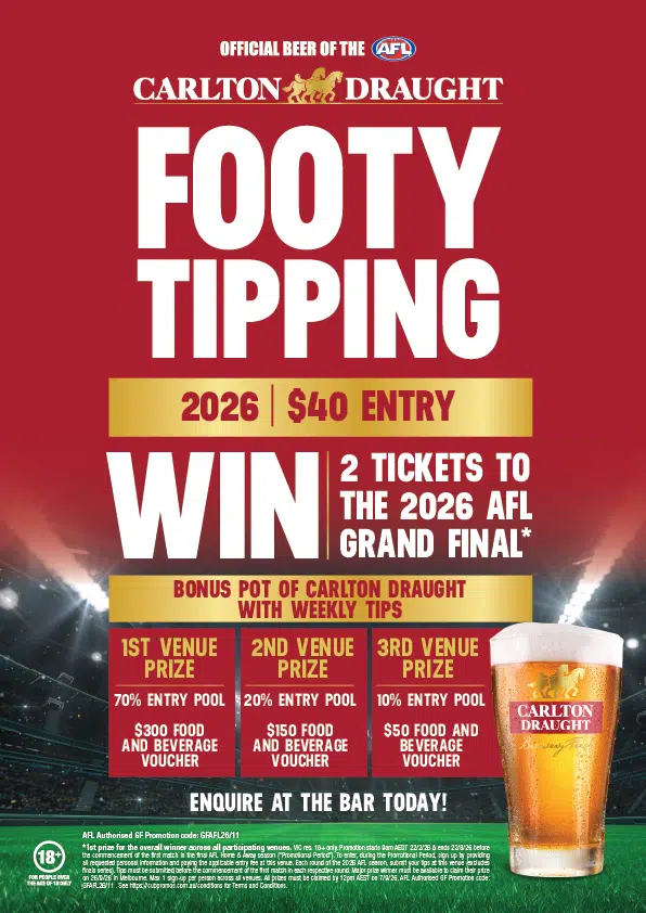 Footy tipping at Hotel Brighton. Free pot of carlton draught with weekly tips. 