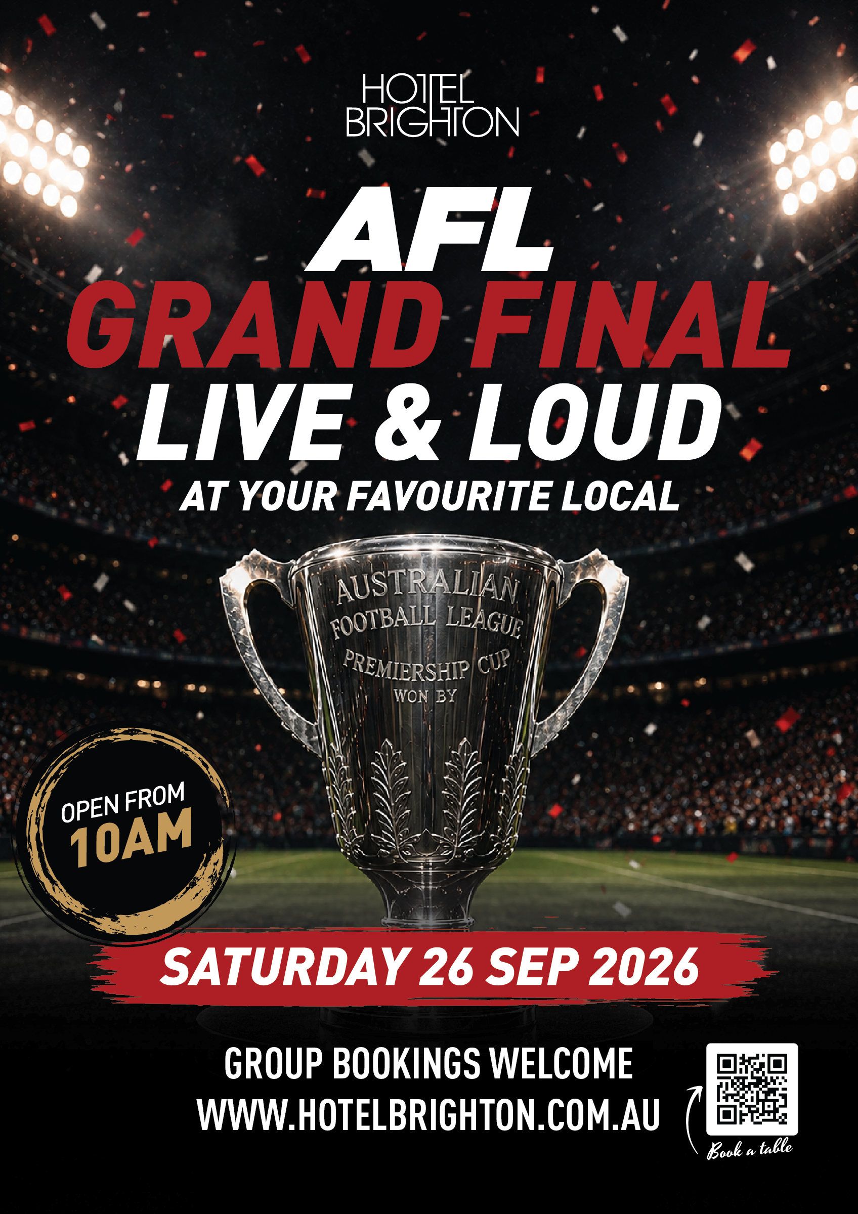 Hotel Brighton AFL Grand Final 2025 poster showing live footy, beer, pub food.