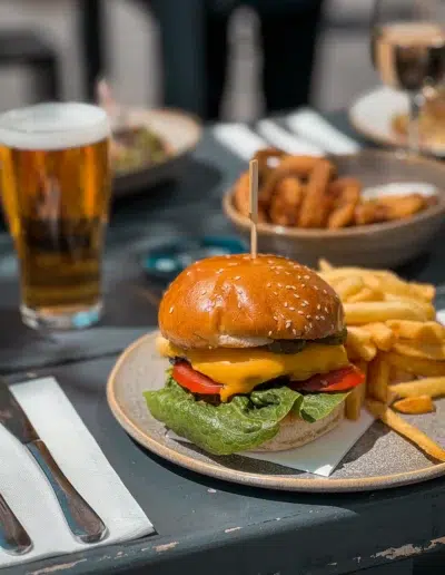 beef pattie, American cheddar, onion jam, tomato, cos lettuce, pickles, mustard mayo, milk bun, chips