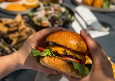 beef pattie, American cheddar, onion jam, tomato, cos lettuce, pickles, mustard mayo, milk bun, chips