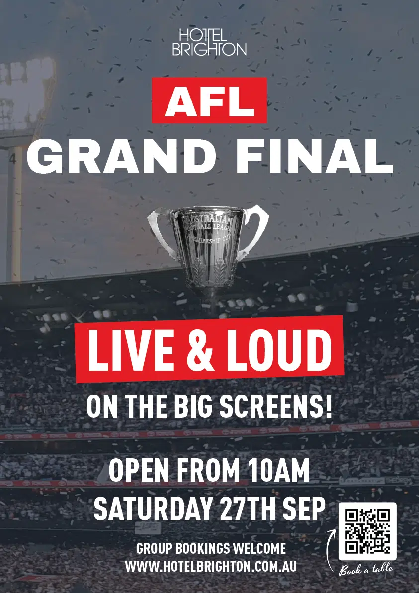 afl-grand-final-hotel-brighton-2025-poster Hotel Brighton AFL Grand Final 2025 poster showing live footy, beer, pub food.