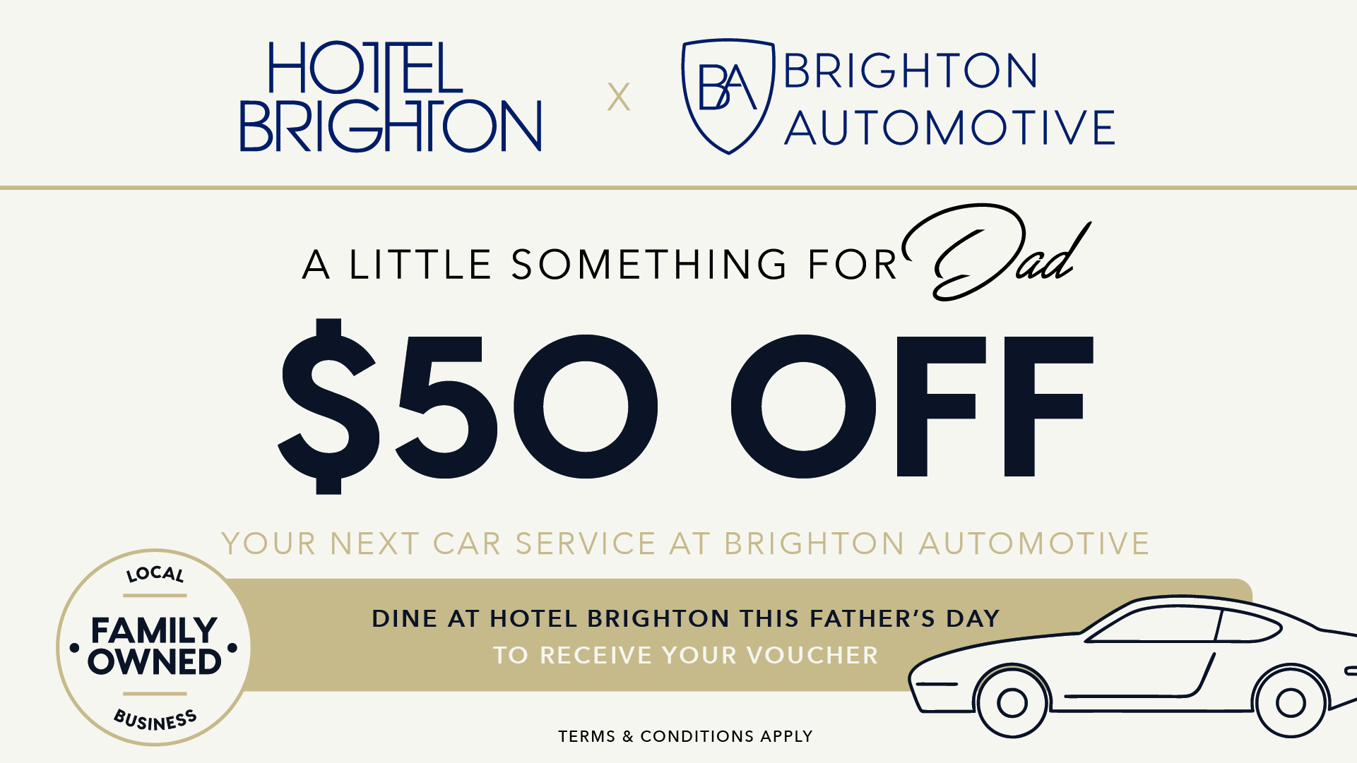 Father’s Day 2026 at Hotel Brighton – dine with us and receive a $50 car service voucher from Brighton Automotive.