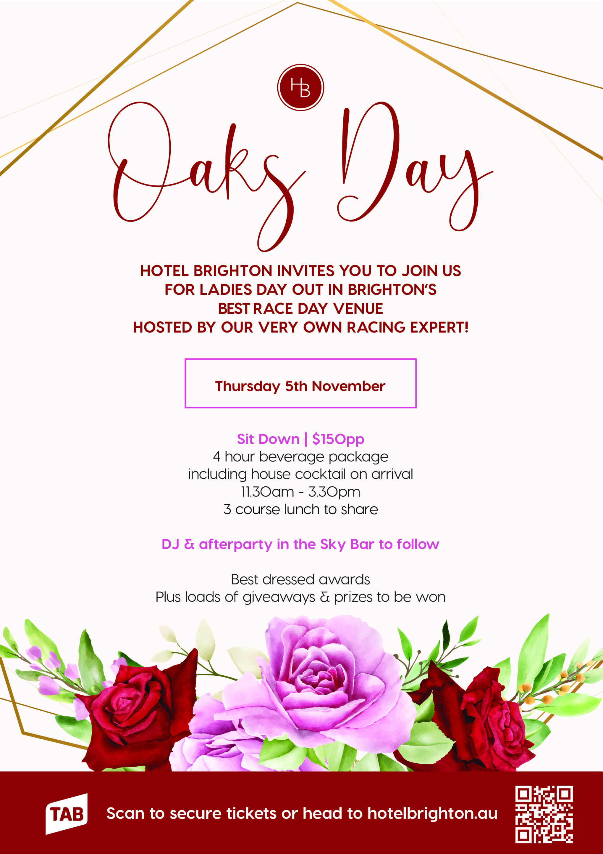 Oaks Day 2026 at Hotel Brighton – Thursday 5 November, $150pp Ladies Day event with lunch, drinks, live DJ, racing and prizes.
